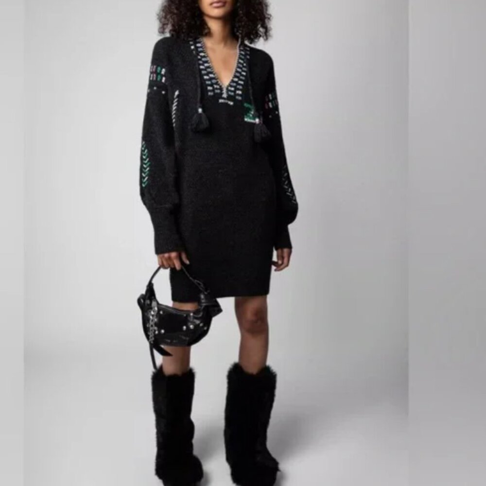 Zadig & Voltaire Alabama Wews Cashmere Wool Black Sweater Dress M - Picture 9 of 14